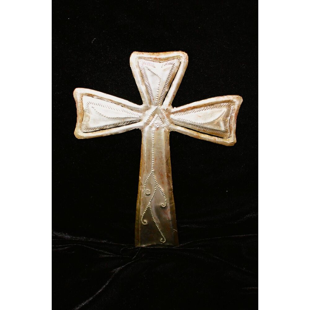 VTG 11"x8" Mexican Handmade Cross Folk Art Pewter HIGH Shine Wall Art